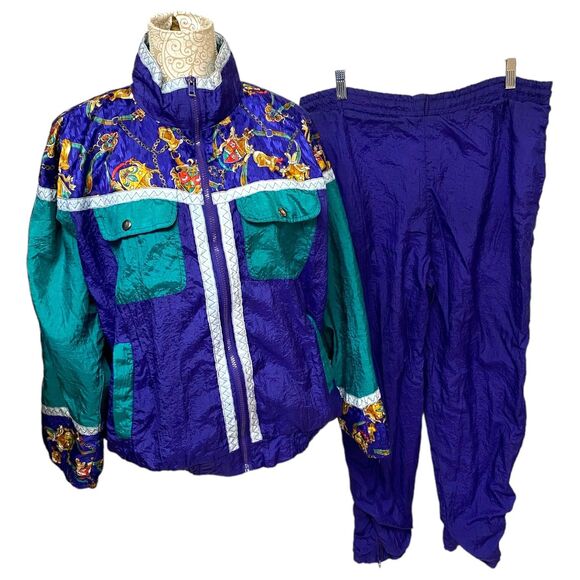 VTG 80s Active Frontier Sport Tracksuit M Blue Green Colorblock Windbreaker Set - Picture 1 of 12
